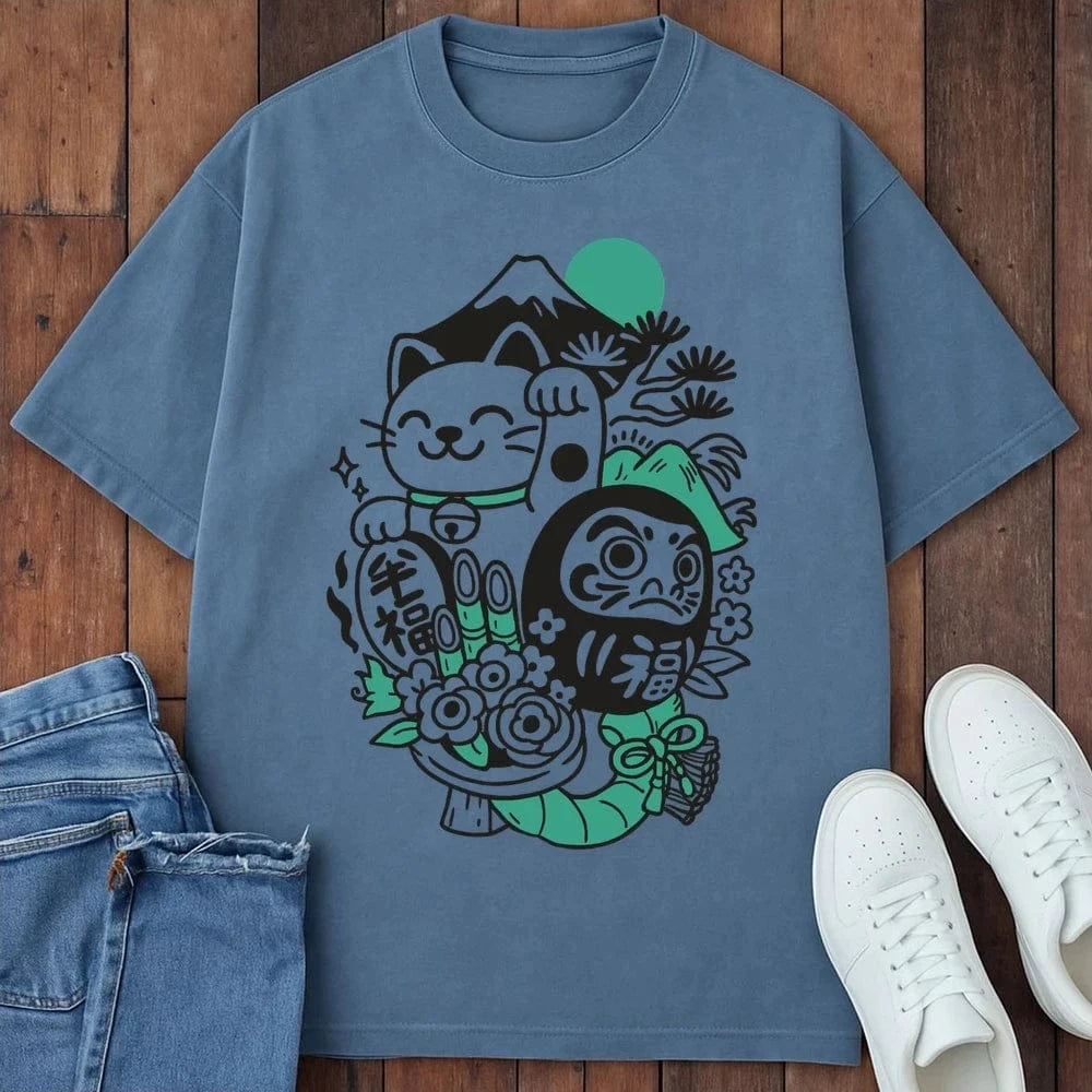 Daruma Neko T-Shirt Blue Jean / S 59298748107371509282 T-Shirt