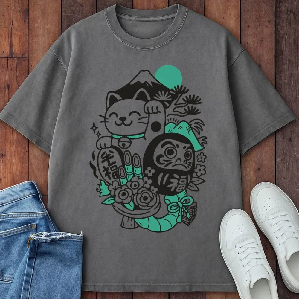 Daruma Neko T-Shirt Grey / S 30094212039679549007 T-Shirt