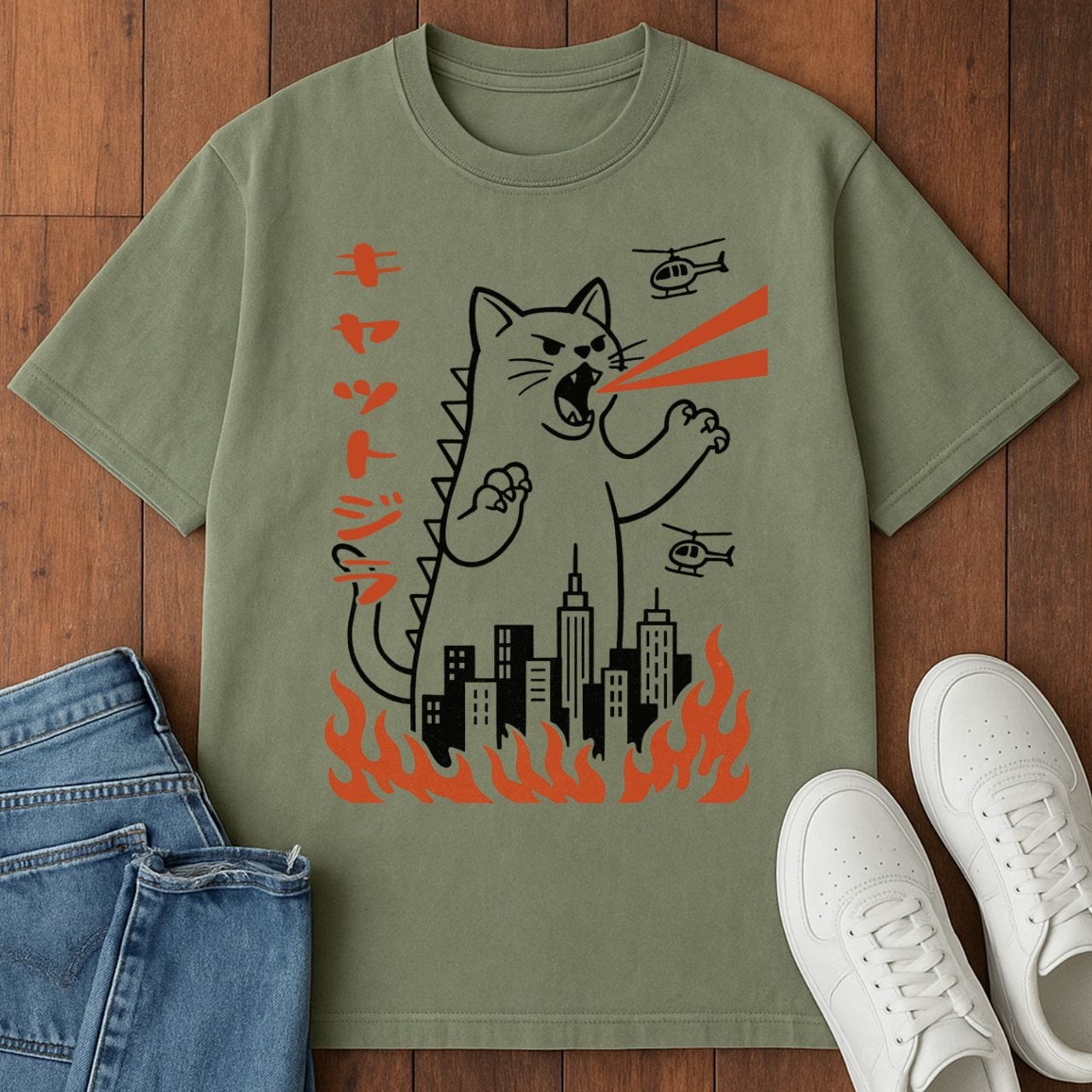 Kyattojira T-Shirt – Softest Cat Tee on Earth Moss / S 24657319507208722726 T-Shirt