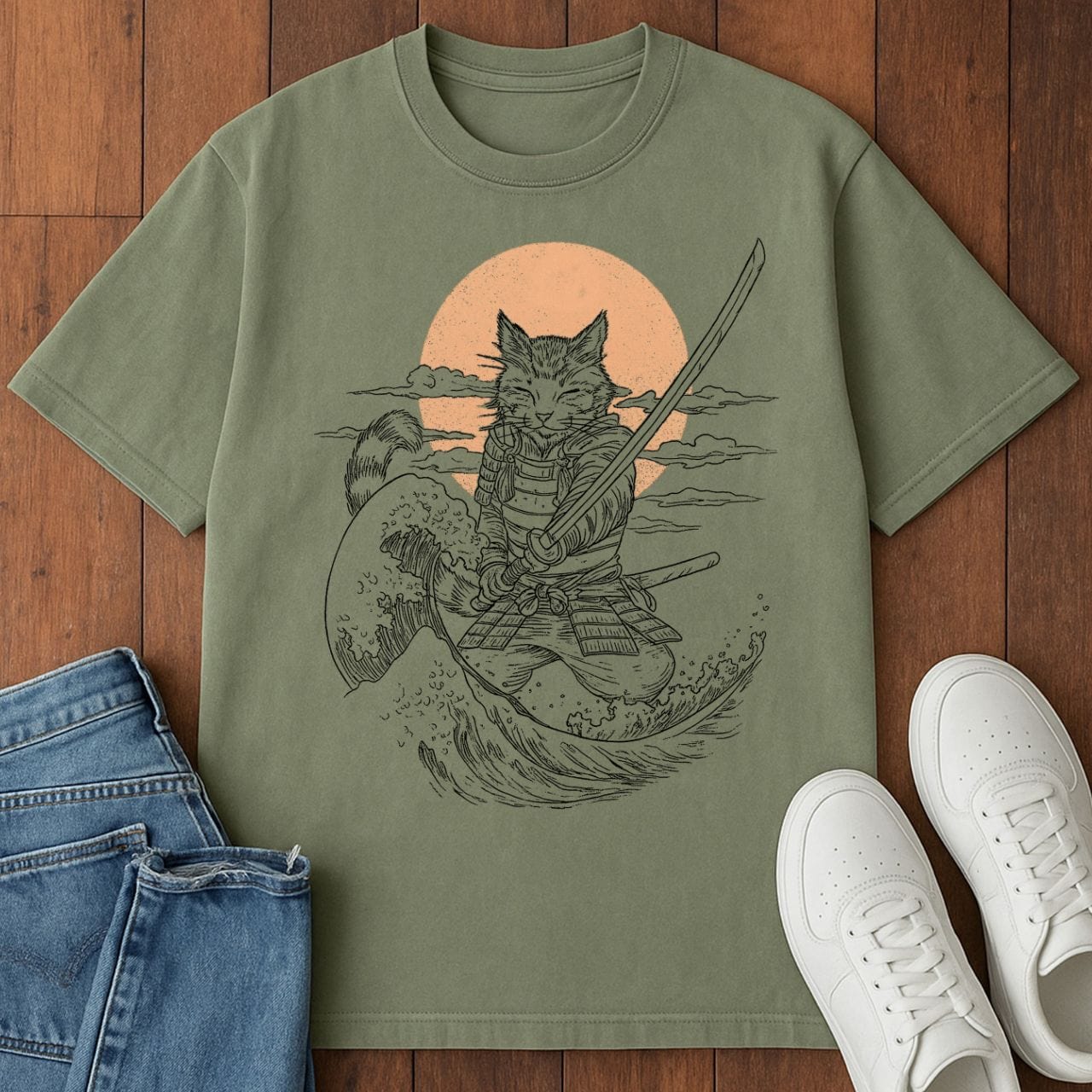 Purrfect Samurai T-Shirt – Softest Cat Tee on Earth Moss / S 10860499860531030824 T-Shirt