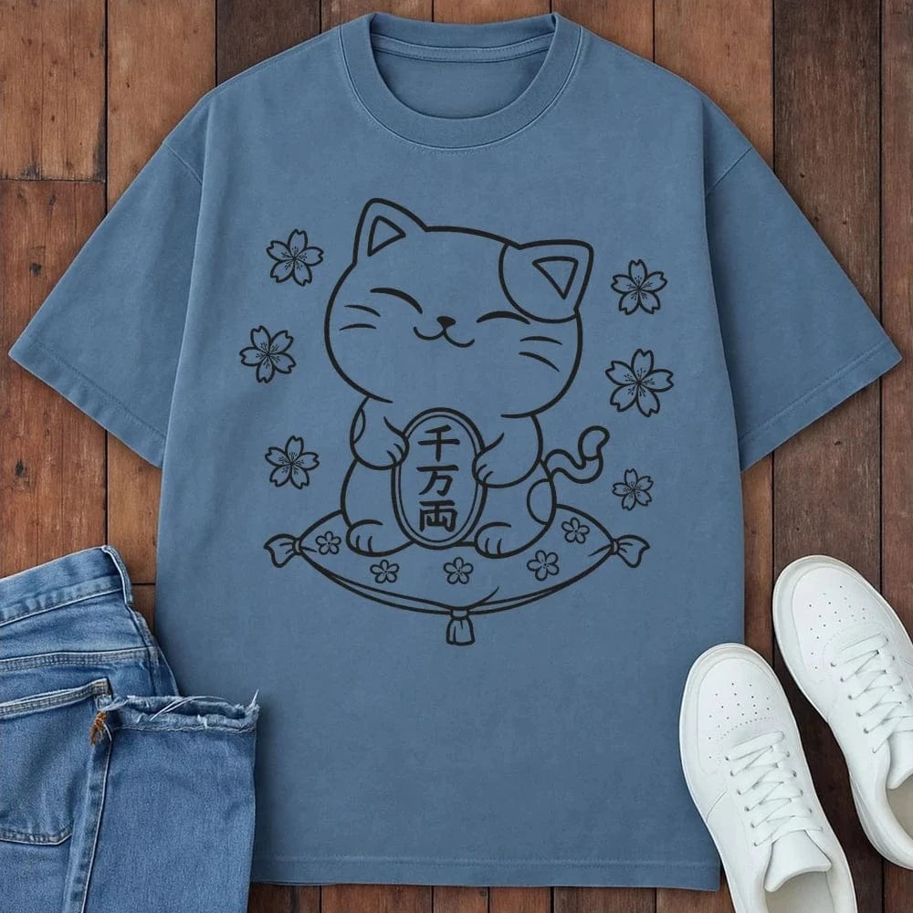 Sakura Fortune Cat T-Shirt Blue Jean / S 14265477960301964983 T-Shirt