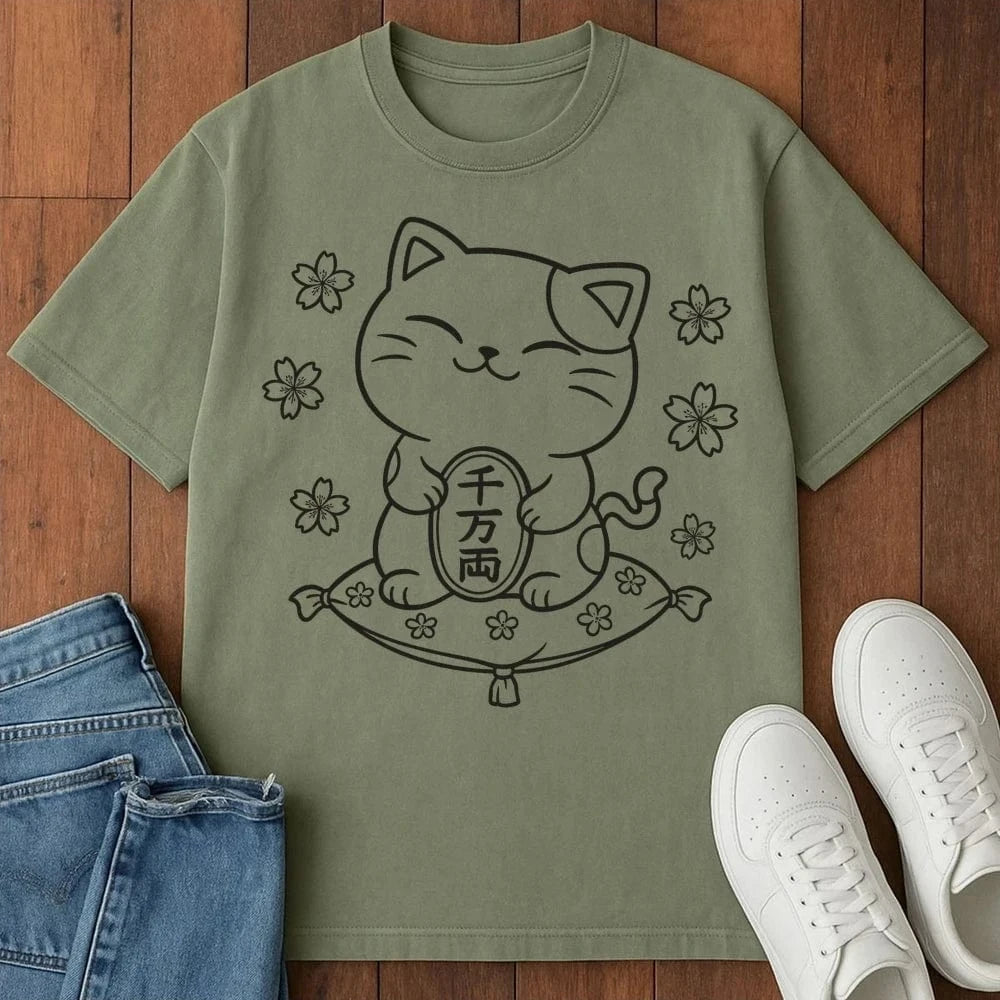 Sakura Fortune Cat T-Shirt Moss / S 12212587298409175510 T-Shirt