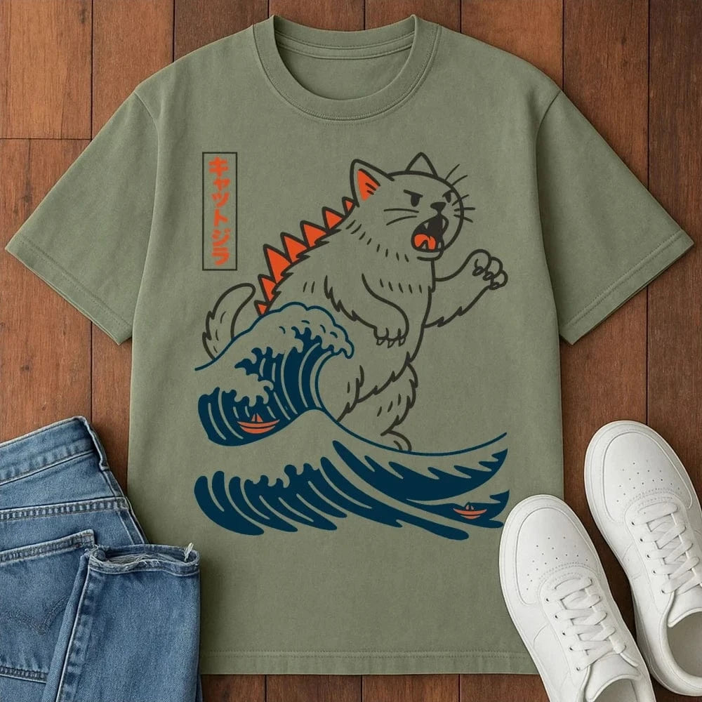 Wave Of Kyattojira T-Shirt – Softest Cat Tee on Earth Moss / S 26699736033618175607 T-Shirt