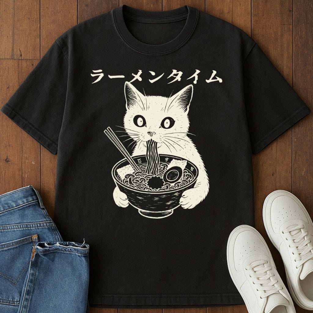 Cat Eating Ramen T-Shirt Black / S 28333412443772279490 T-Shirt
