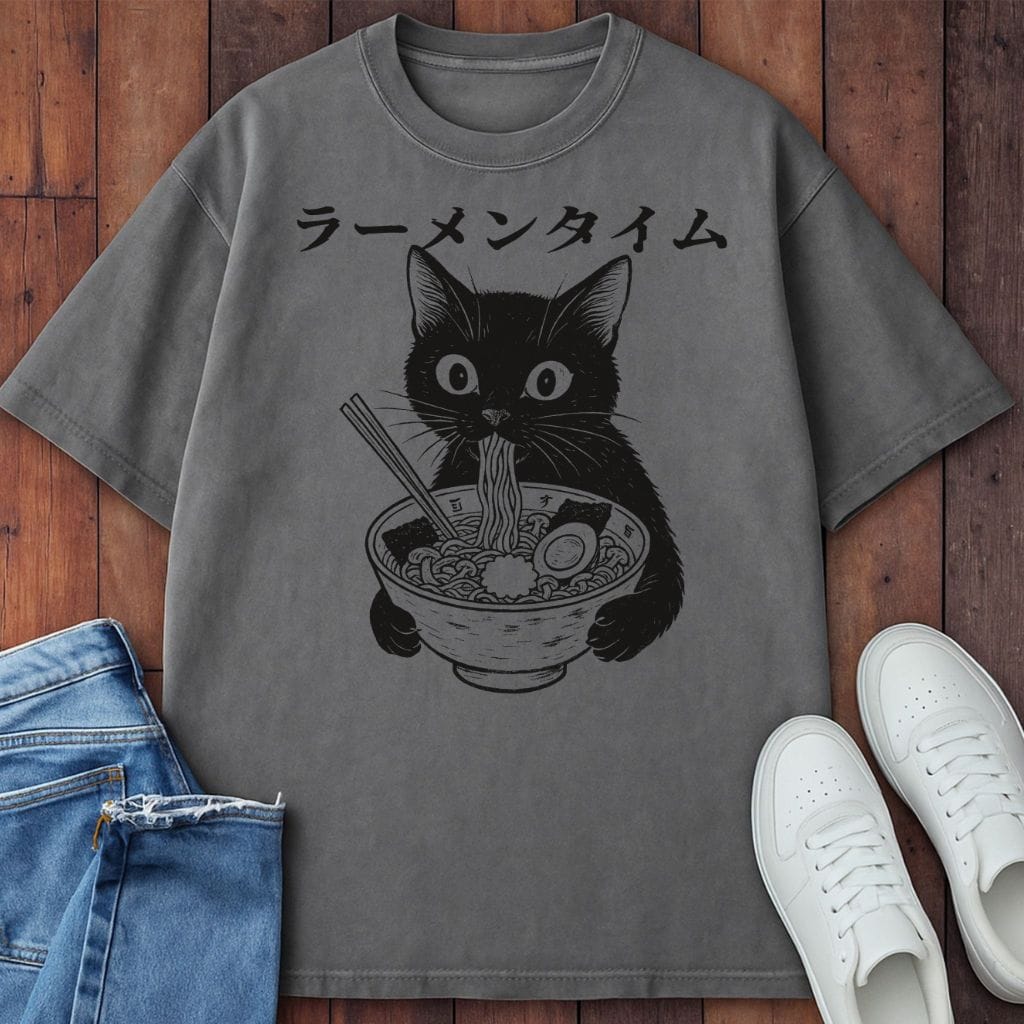 Cat Eating Ramen T-Shirt Grey / S 15302244999794629700 T-Shirt