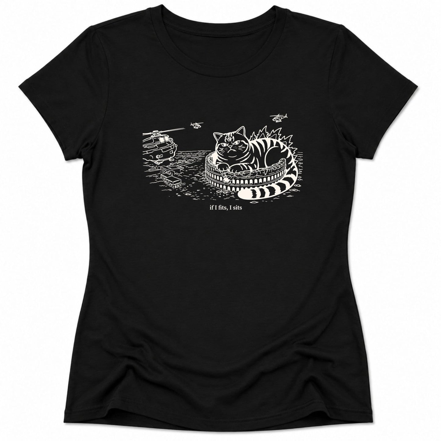 Kyattojira Fits And Sits Womens Tee Black / S 71770600338980340519 T-Shirt
