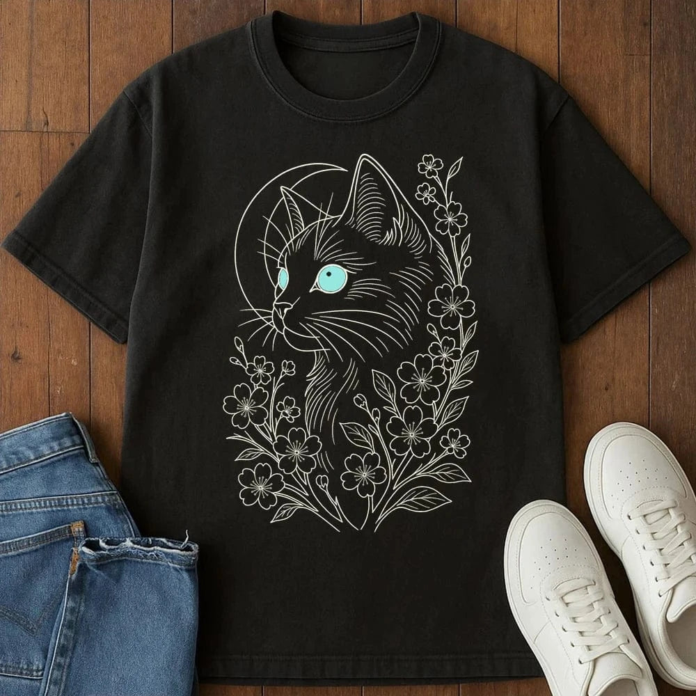 Midnight Blossom Cat T-Shirt Black / S 68675155657383824789 T-Shirt