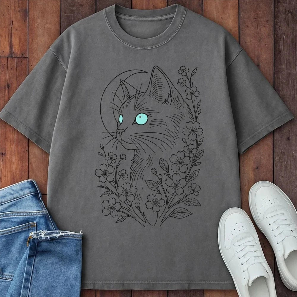 Midnight Blossom Cat T-Shirt Grey / S 28202449411598262657 T-Shirt