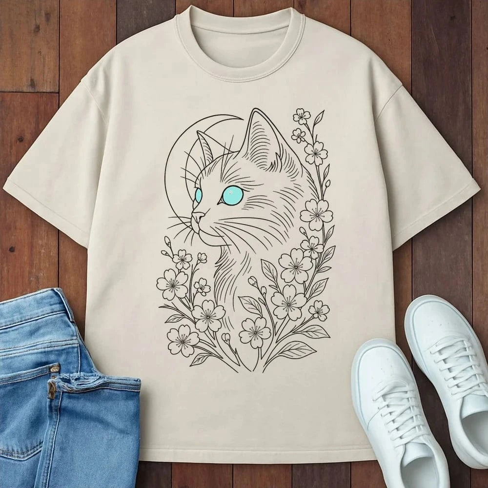 Midnight Blossom Cat T-Shirt Ivory / S 32116225505499842116 T-Shirt