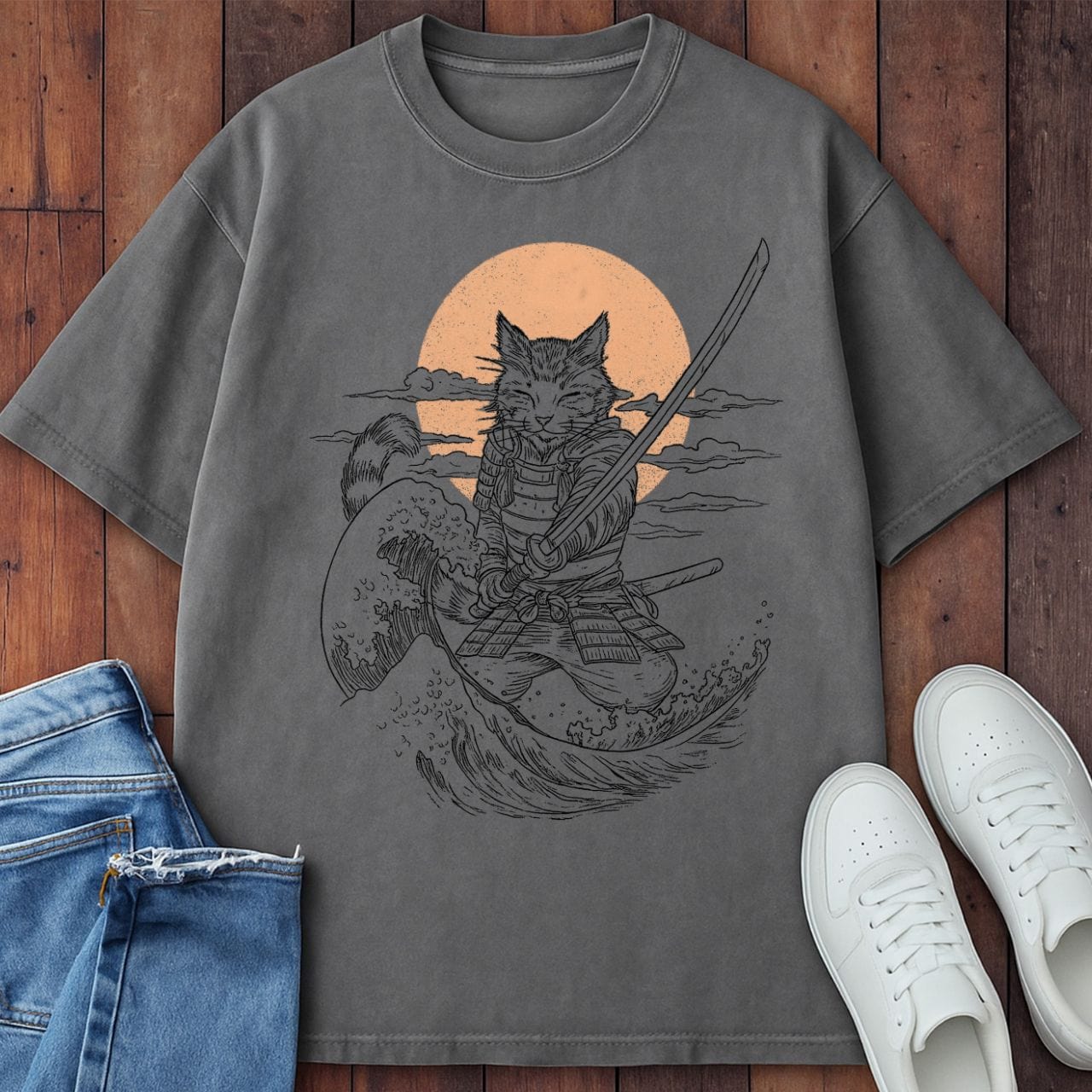 Purrfect Samurai T-Shirt  – Softest Cat Tee on Earth Grey / S 18575283914358094030 T-Shirt