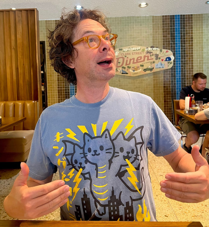 Steven in his King Nekodorah tee, a Father's Day present from the family cat