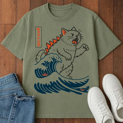 Wave Of Kyattojira T-Shirt  – Softest Cat Tee on Earth Moss / S 26699736033618175607 T-Shirt
